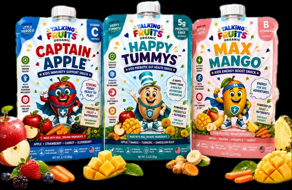 Captain Apple, Happy Tummys and Max Mango organic snack pouches with fresh fruit
