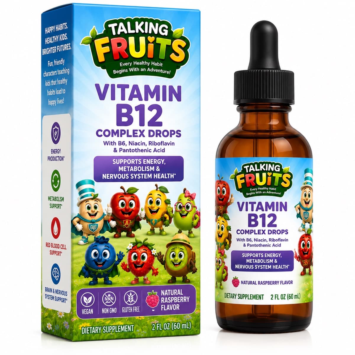 Talking Fruits Vitamin B12 Complex Drops for kids, box and 2 fl oz dropper bottle