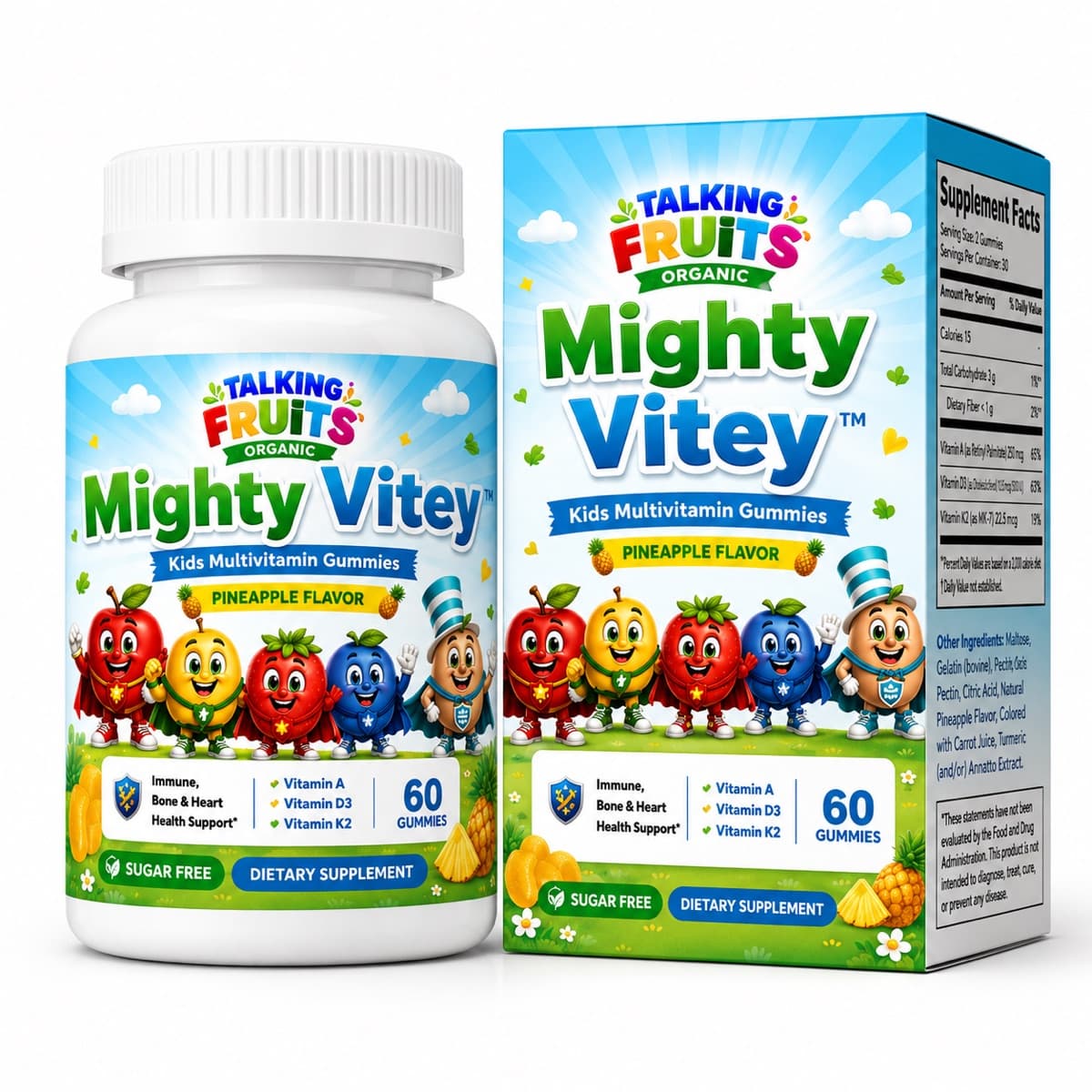 Mighty Vitey kids multivitamin gummies, box and 60-count bottle, pineapple flavor