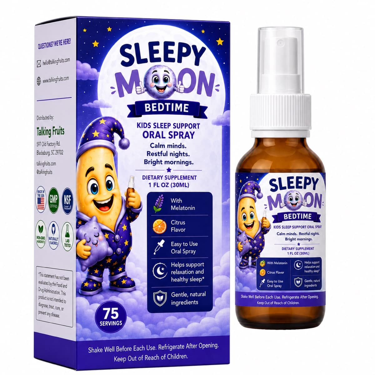 Sleepy Moon Bedtime kids sleep support oral spray, box and 1 fl oz amber bottle