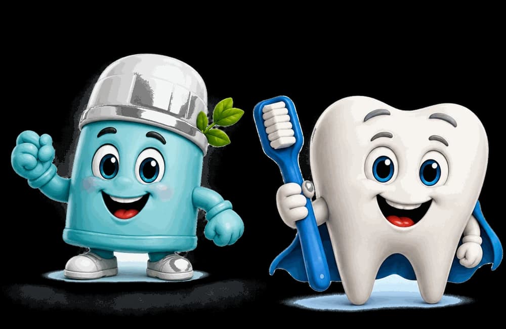 Fresh Fred the deodorant and Tommy Tooth holding a toothbrush