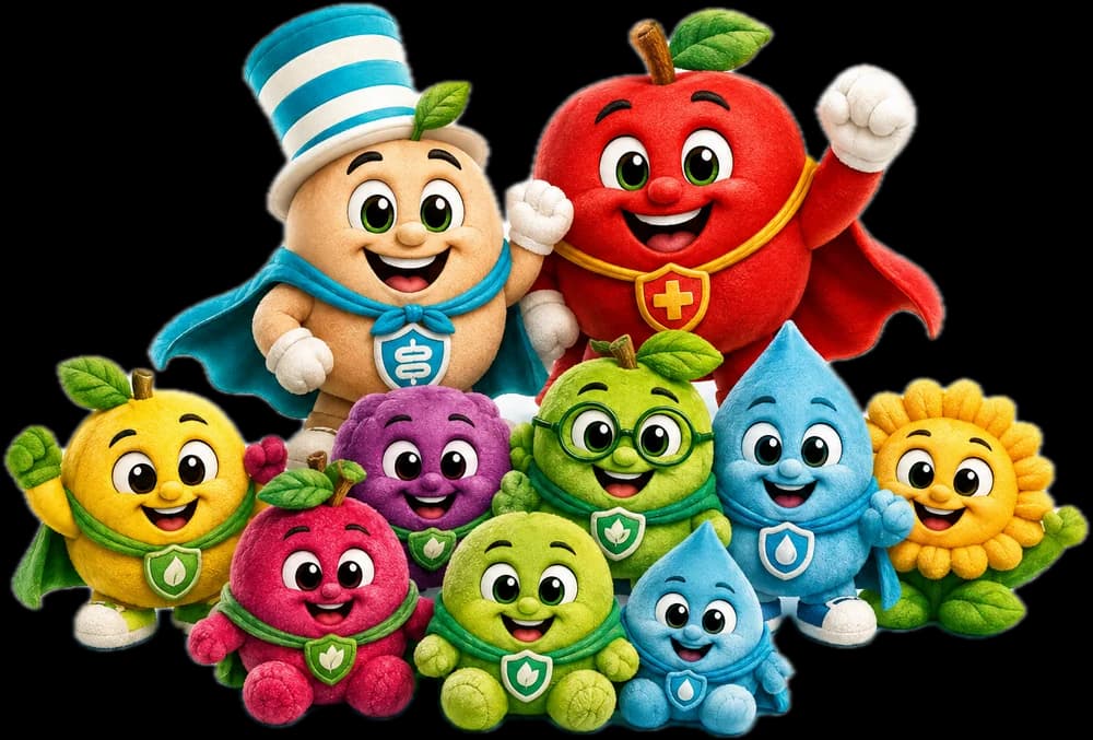The Talking Fruits characters as soft plush toys, grouped together