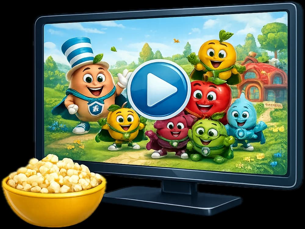 A television playing a Talking Fruits episode, with a bowl of popcorn beside it