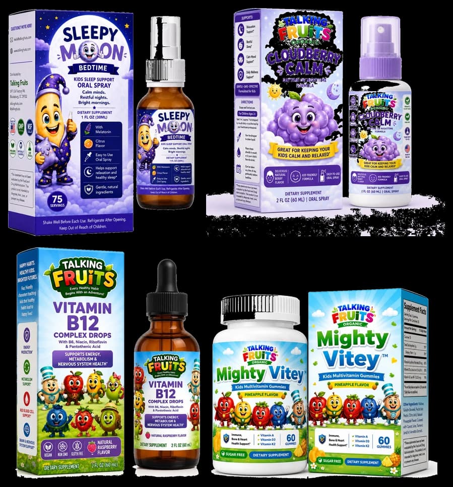 Sleepy Moon, Cloudberry Calm, Vitamin B-12 drops and Mighty Vitey gummies