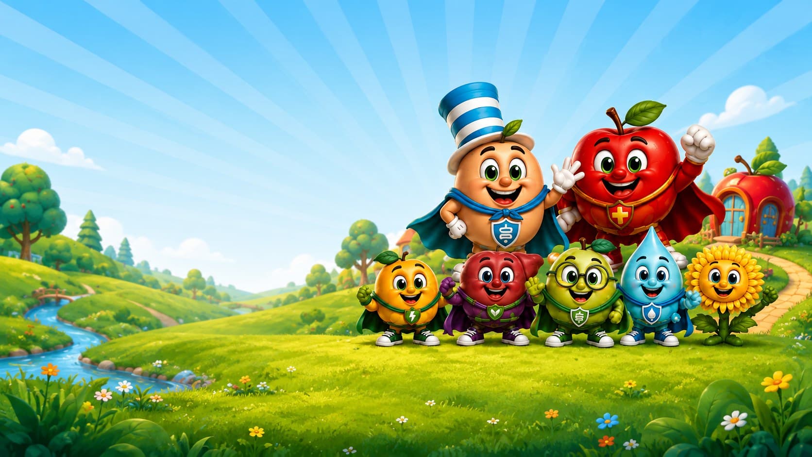 The Talking Fruits friends waving in the green hills of Fruitville